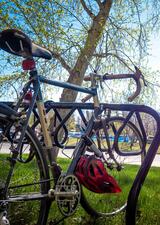 bike locked to a rack at main campus